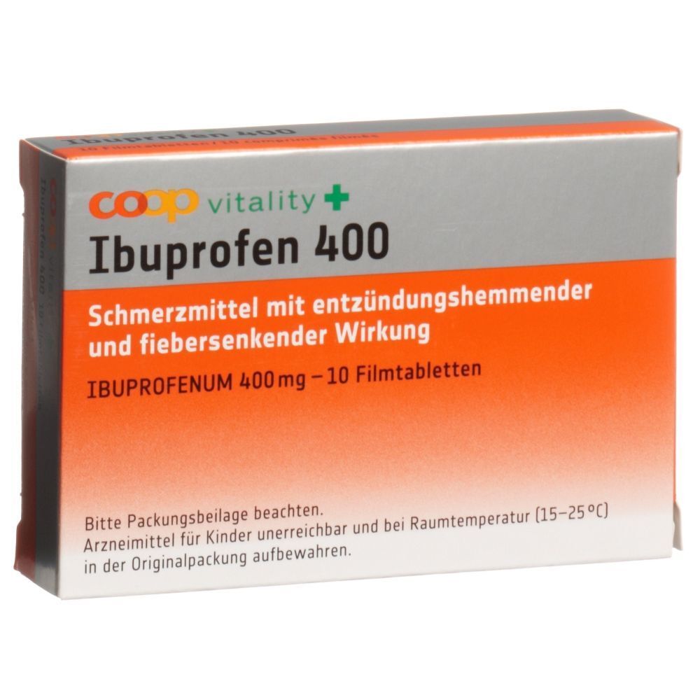 Schachtel mit COOP vitality Ibuprofen 400 Filmtabletten. Text: Schmerzmittel, 400mg, 10 Filmtabletten. Orange und graue Verpackung.
