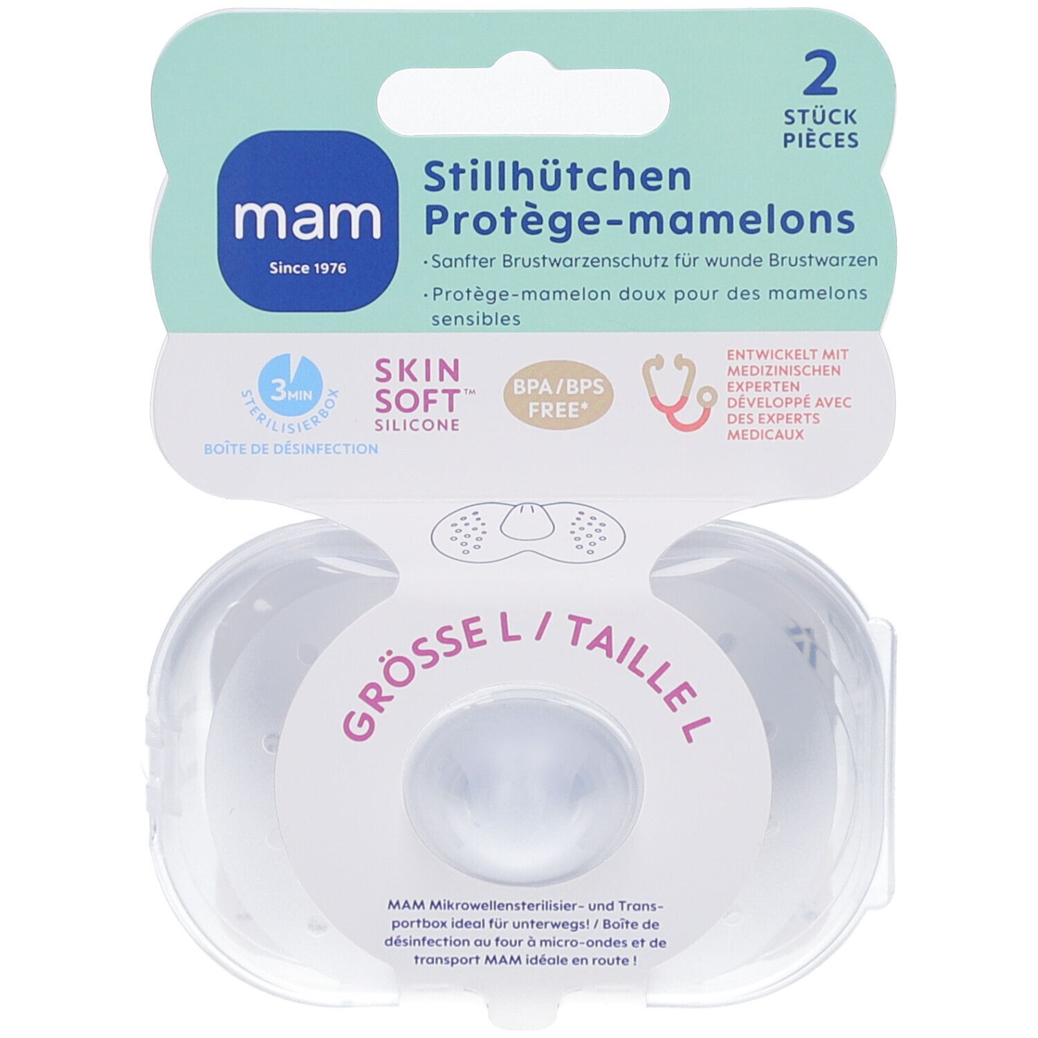 Verpackung mit zwei Stillhütchen. Größe L. Marke MAM. SkinSoft Silikon. Mit Sterilisationsbox. BPA/BPS-frei.