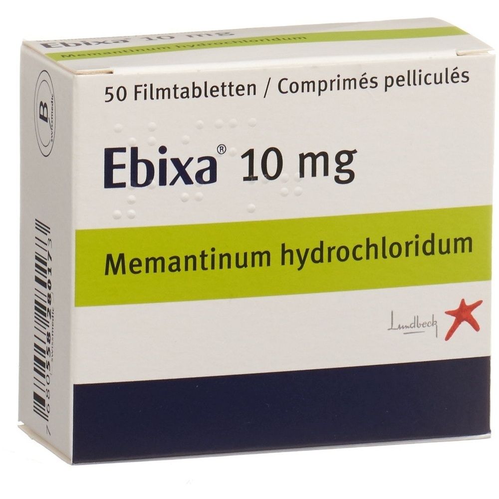 Karton mit der Aufschrift "Ebixa 10 mg". Grün-weißes Design mit blauer Basis. Enthält Informationen zu Memantin Hydrochlorid.
