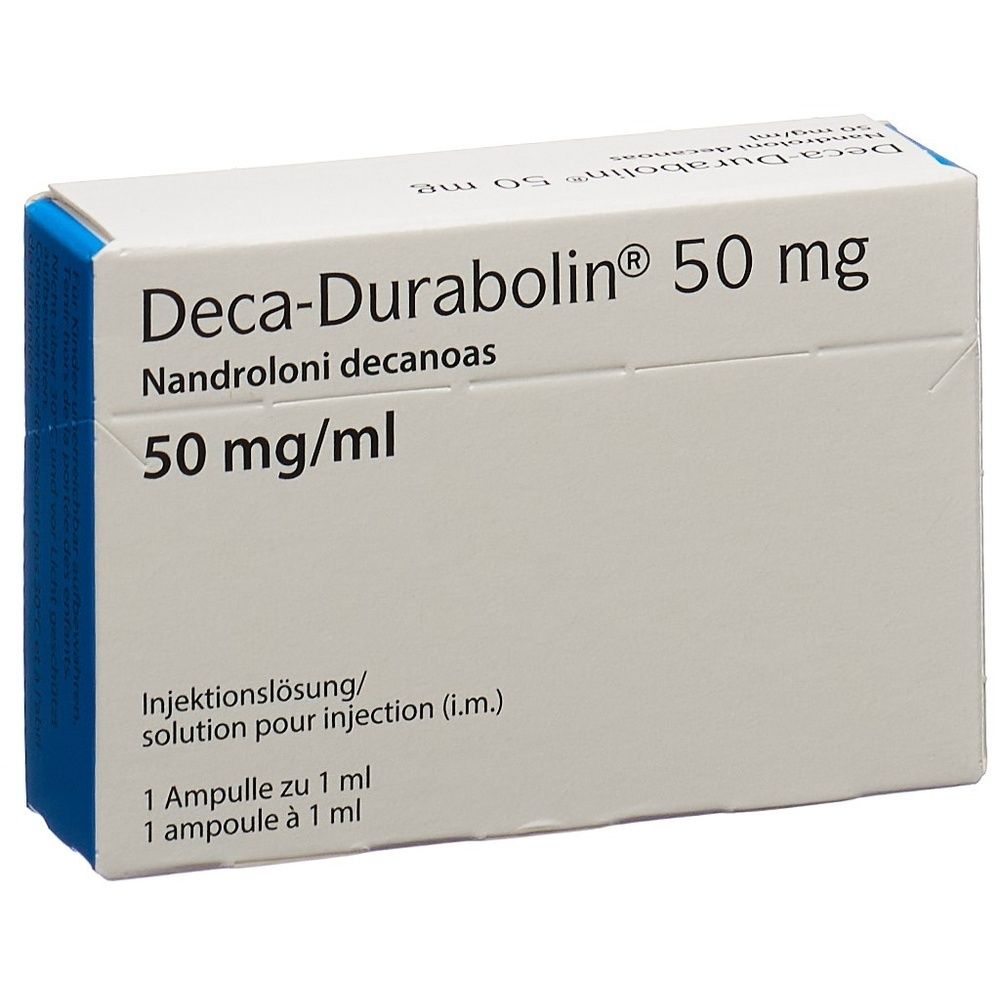 Weiße Faltschachtel mit blauen Akzenten. Beschriftung: Deca-Durabolin 50 mg, Nandroloni decanoas, 50 mg/ml. Injektionslösung, 1 Ampulle zu 1 ml.