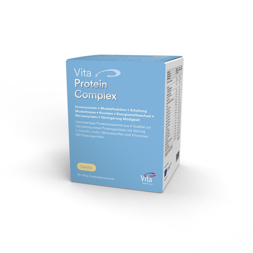 Hellblaue Schachtel mit "Vita Protein Complex" und Text. Vanille-Geschmack. Enthält 12 Beutel.