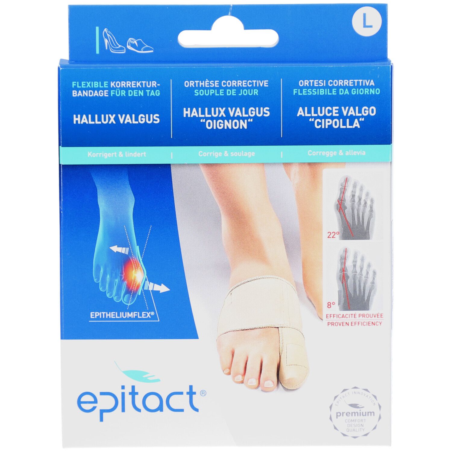 Verpackung mit EPITACT KorrBand Hallux TAG. Produktabbildung mit Fuß und Bandage. Blaue und weiße Farbgebung. Größe L.