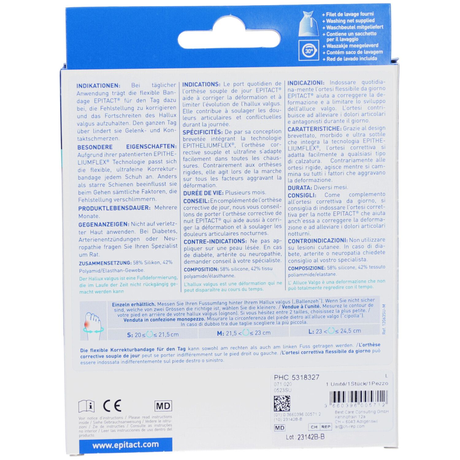 Rückseite der Verpackung. Text in Deutsch, Französisch und Italienisch. Größenangaben: S, M, L. Herstellerinformationen.