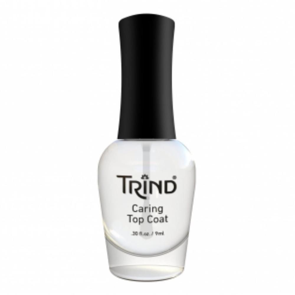 Klare Flasche mit schwarzem Deckel. Aufschrift: TRIND Caring Top Coat. 9 ml.