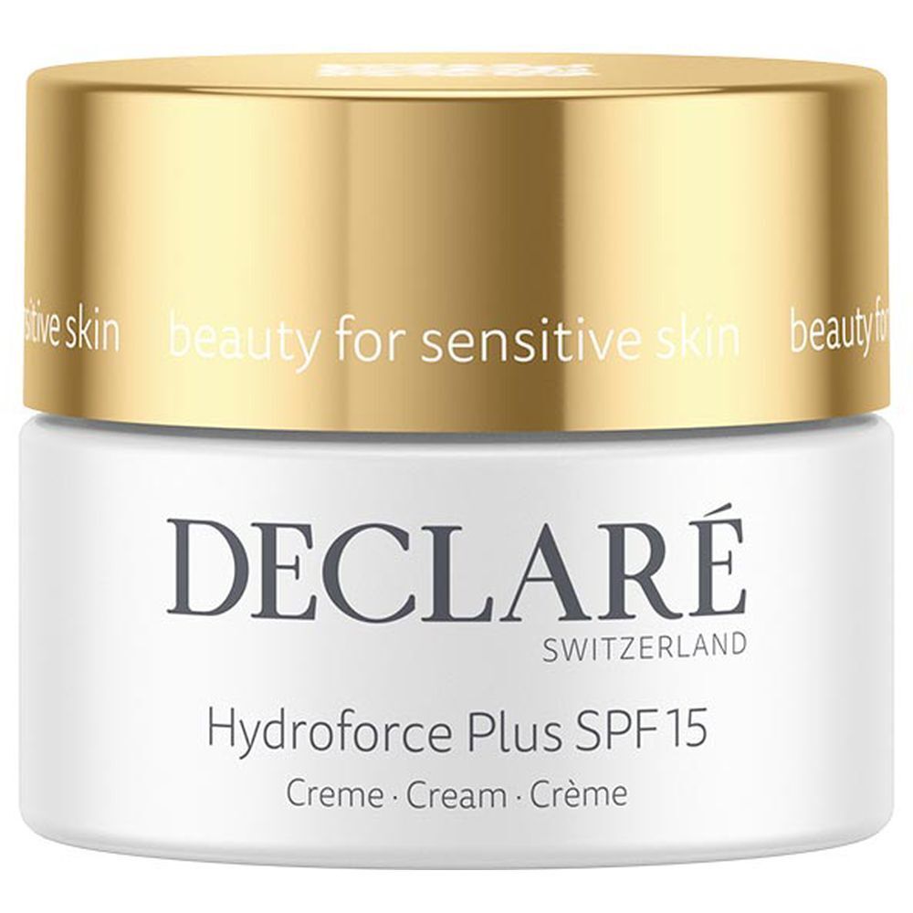 Pot de crème avec couvercle doré. Inscription : DECLARÉ, Hydroforce Plus SPF15. Crème, Cream, Crème.