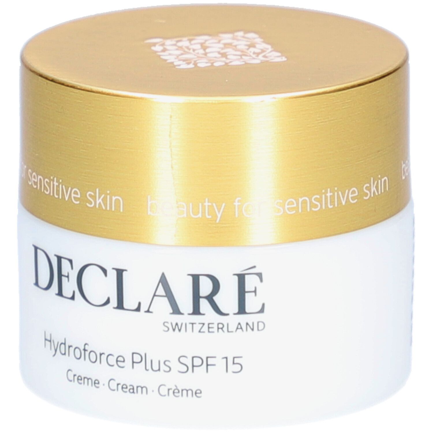 Creme-Tiegel mit goldenem Deckel. Aufschrift: DECLARÉ, Hydroforce Plus SPF15. Creme, Cream, Crème. Für empfindliche Haut.