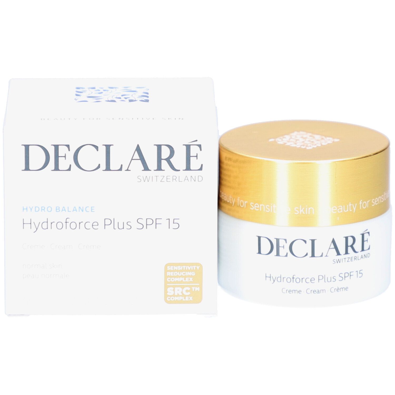 Creme-Tiegel und Schachtel. Aufschrift: DECLARÉ, Hydrobalance Hydroforce Plus SPF15. Mit SRC-Komplex. Für empfindliche Haut.