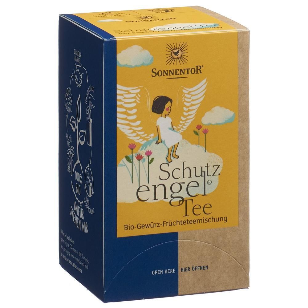 SONNENTOR Schutzengeltee Schachtel mit Engelmotiv und Wolken.