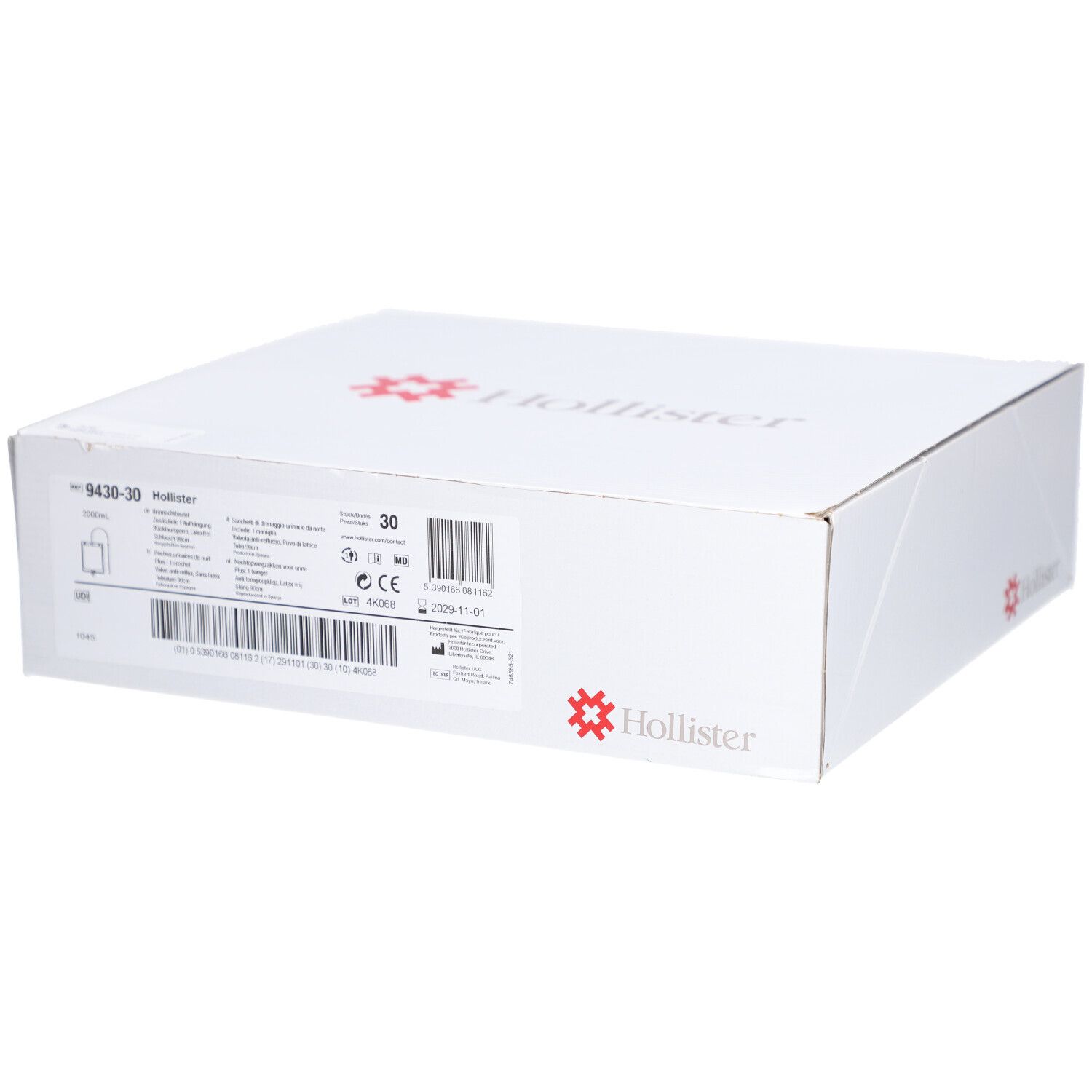 Weiße Verpackung mit Hollister-Logo und Produktinformationen. Aufdrucke: 9430-30, Hollister, 30 Stück, CE-Kennzeichnung.