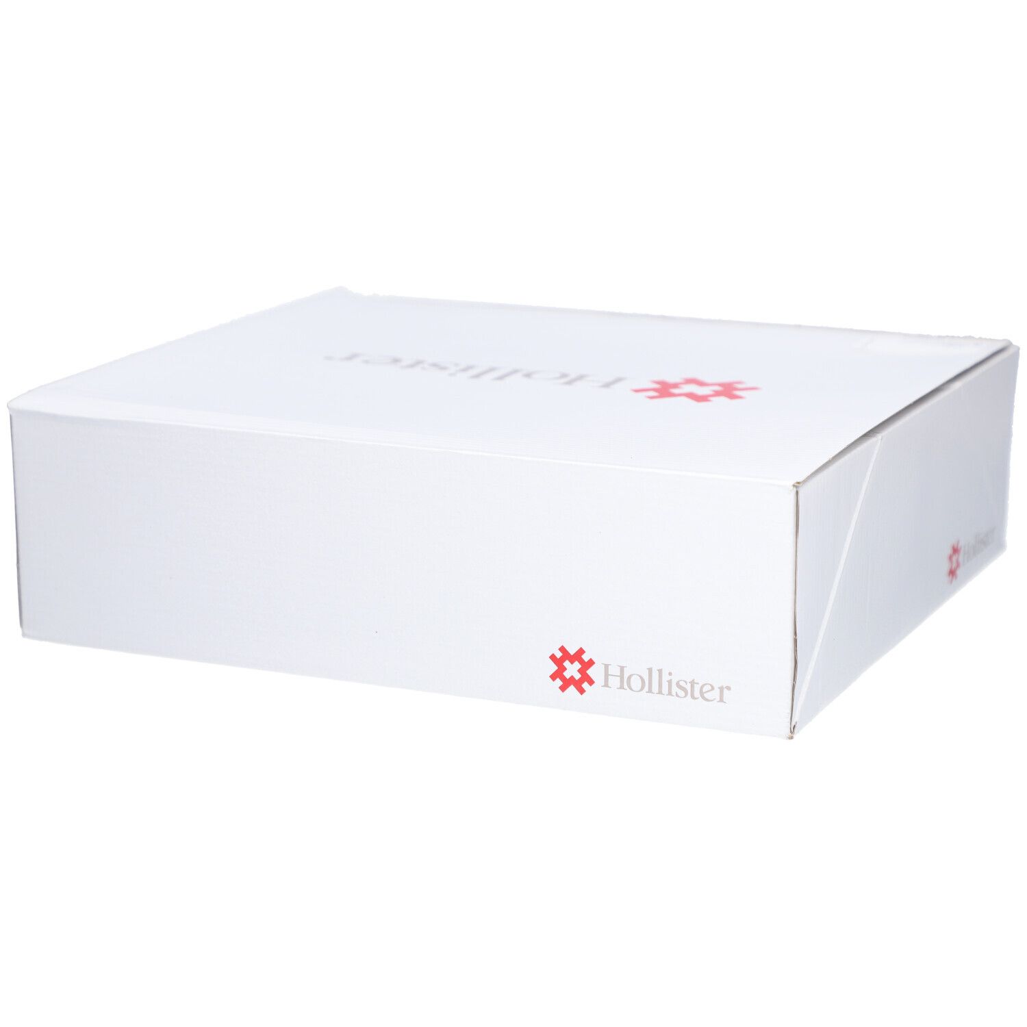Weiße Verpackung mit Hollister-Logo. Eckige Form. Das Hollister-Logo ist rot.