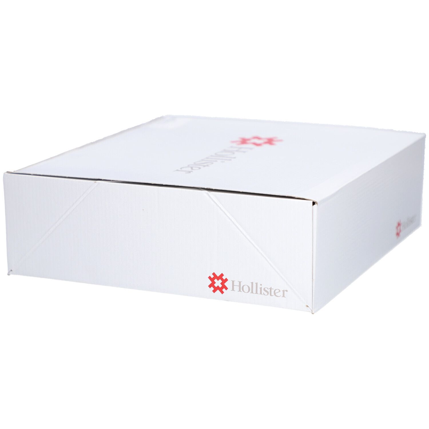 Weiße Verpackung mit Hollister-Logo. Eckige Form. Das Hollister-Logo ist rot.