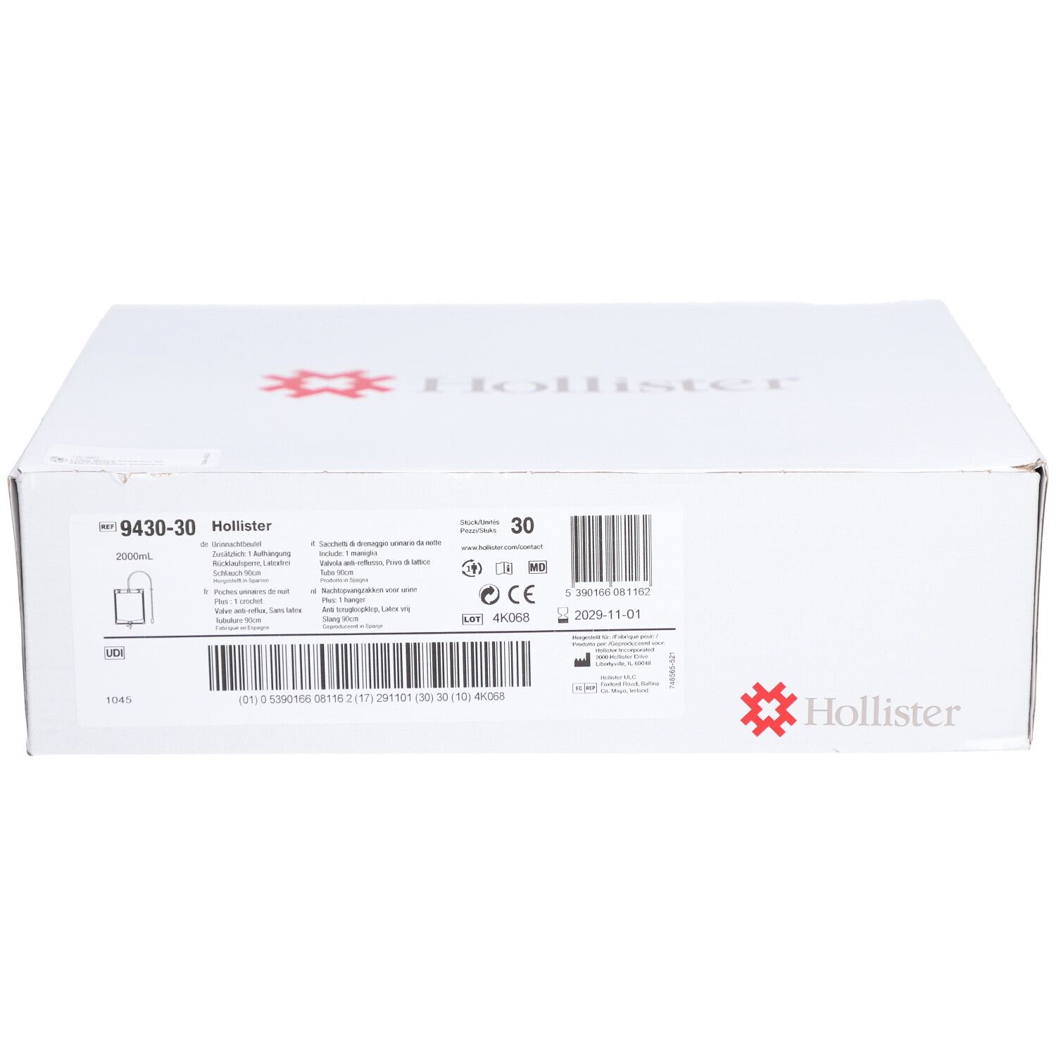 Weiße Verpackung mit Hollister-Logo und Produktinformationen. Aufdrucke: 9430-30, Hollister, 30 Stück, CE-Kennzeichnung.