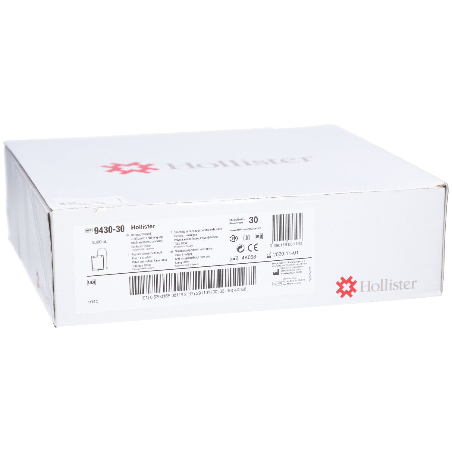 Weiße Verpackung mit Hollister-Logo und Produktinformationen. Aufdrucke: 9430-30, Hollister, 30 Stück, CE-Kennzeichnung.