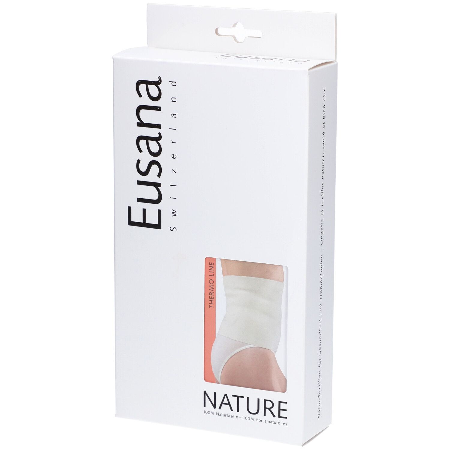 Verpackung mit Produktabbildung. Marke Eusana. Sichtfenster zeigt Nierenwärmer. Text: NATURE, THERMO LINE.