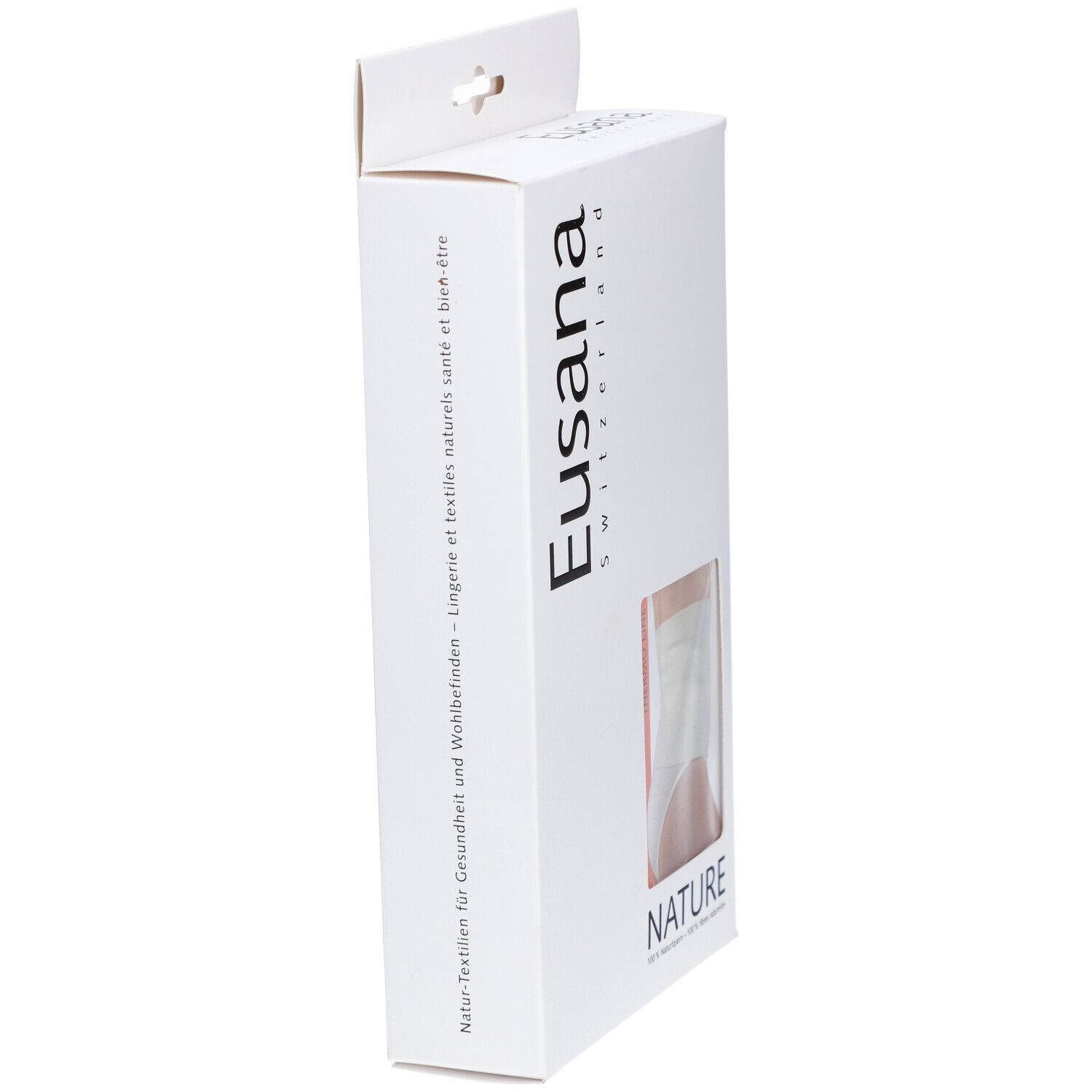 Seitenansicht der Verpackung. Marke Eusana. Sichtfenster zeigt Nierenwärmer. Text: NATURE, THERMO LINE.