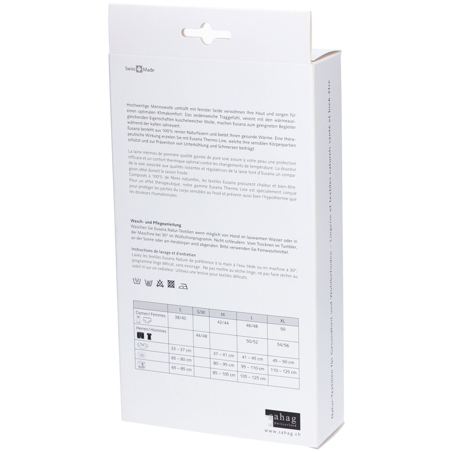 Rückseite der Verpackung. Text und Größentabelle. Marke ahag. Waschsymbole. Text: Swiss Made.