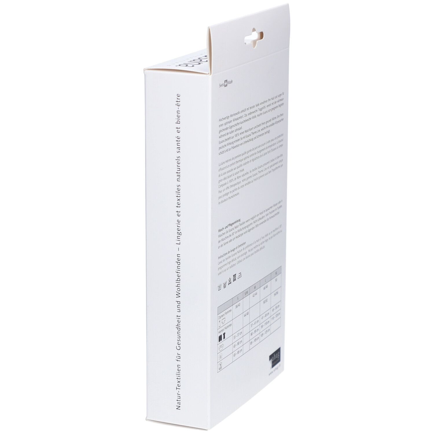 Seitenansicht der Verpackung. Text und Größentabelle. Marke ahag. Waschsymbole.