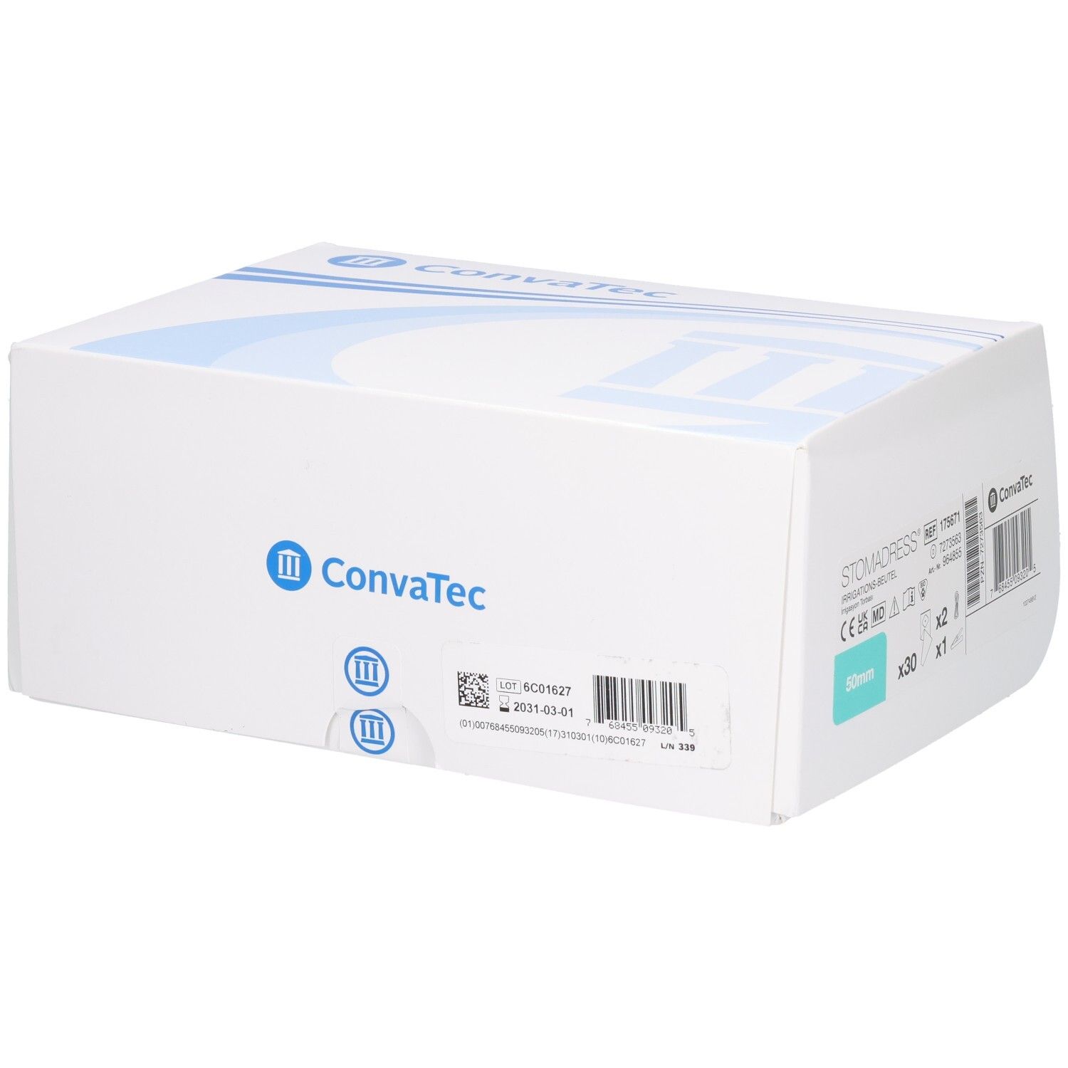 Verpackung von STOMADRESS Irrigationsbeutel 50mm, transparent, 30 Stück. Marke: ConvaTec.