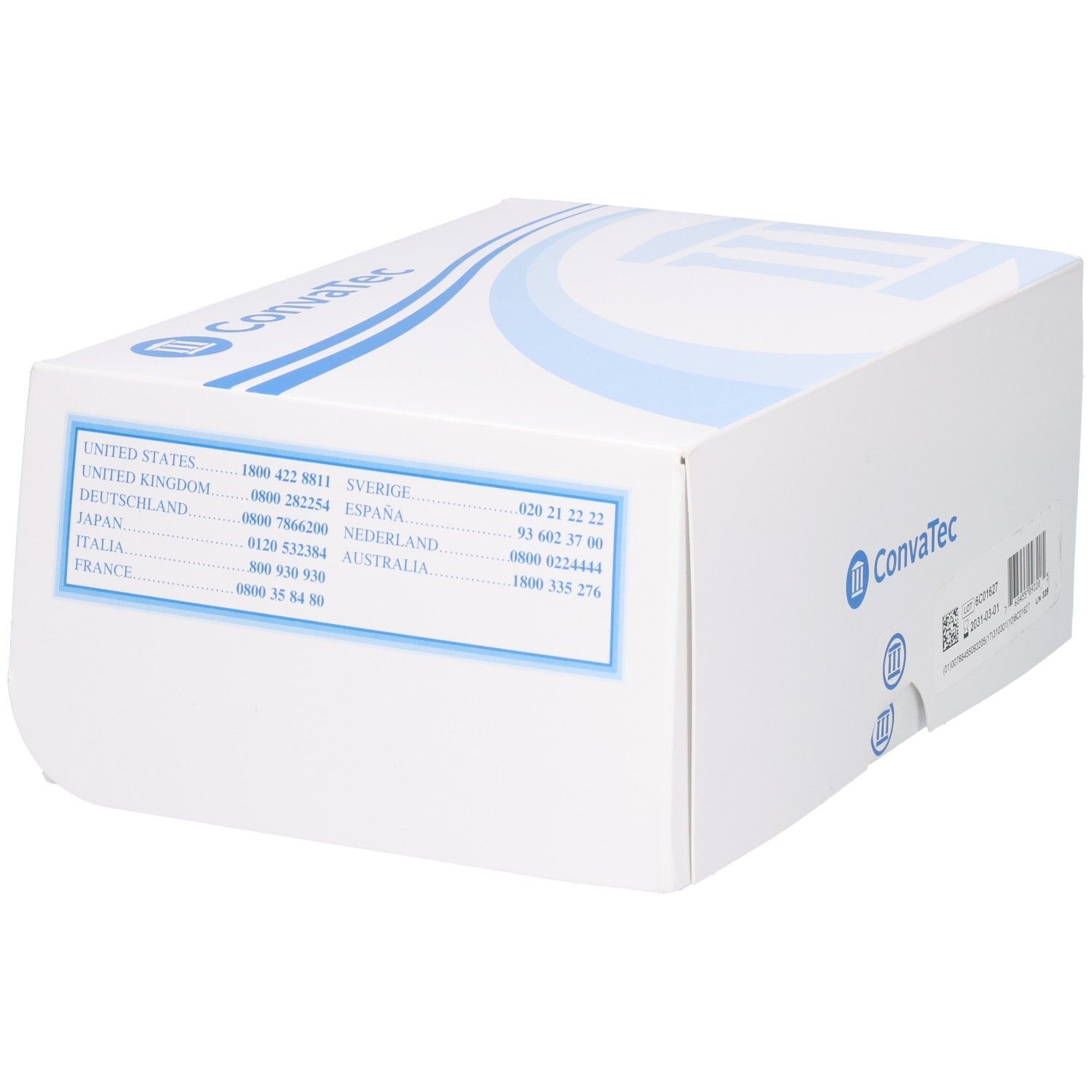 Seitenansicht der ConvaTec-Verpackung mit internationalen Kontaktdaten.
