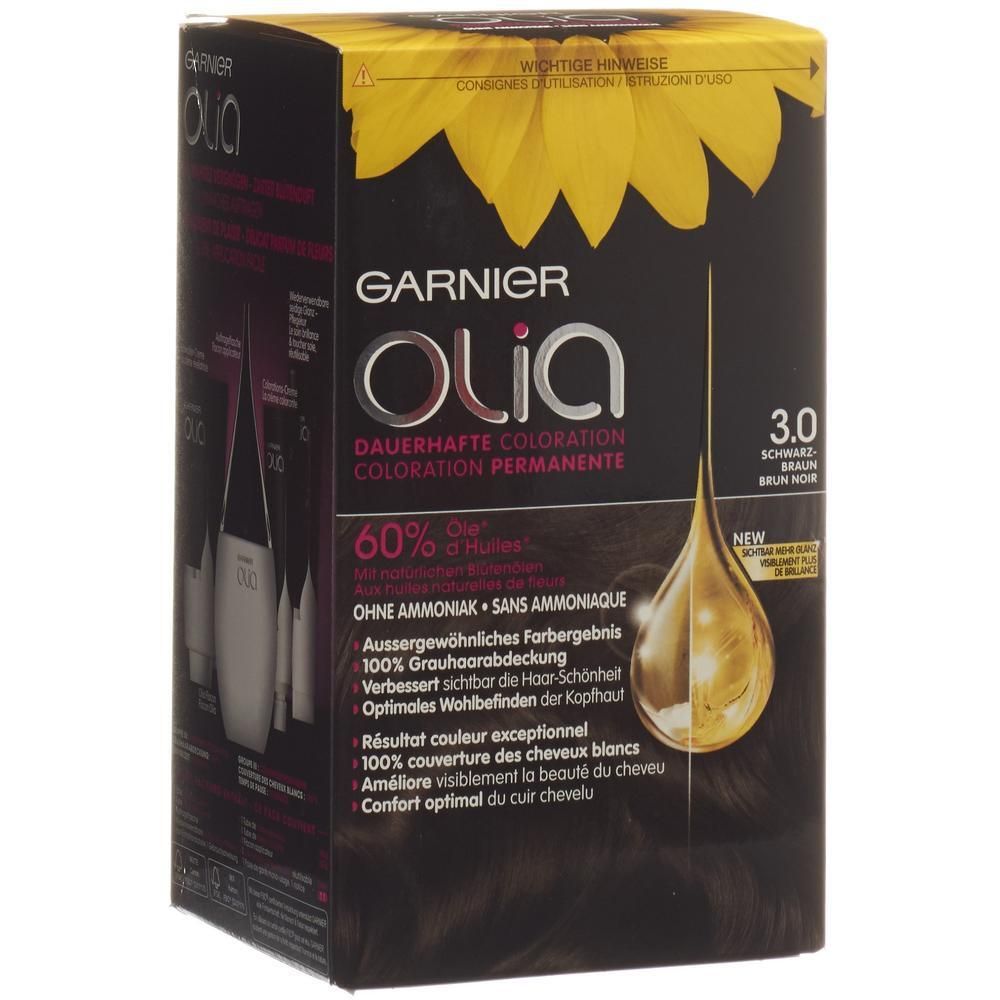 Garnier Olia Haarfarbe 3.0 Schwarzbraun Karton mit Sonnenblumen-Design und goldenem Öl-Tropfen.