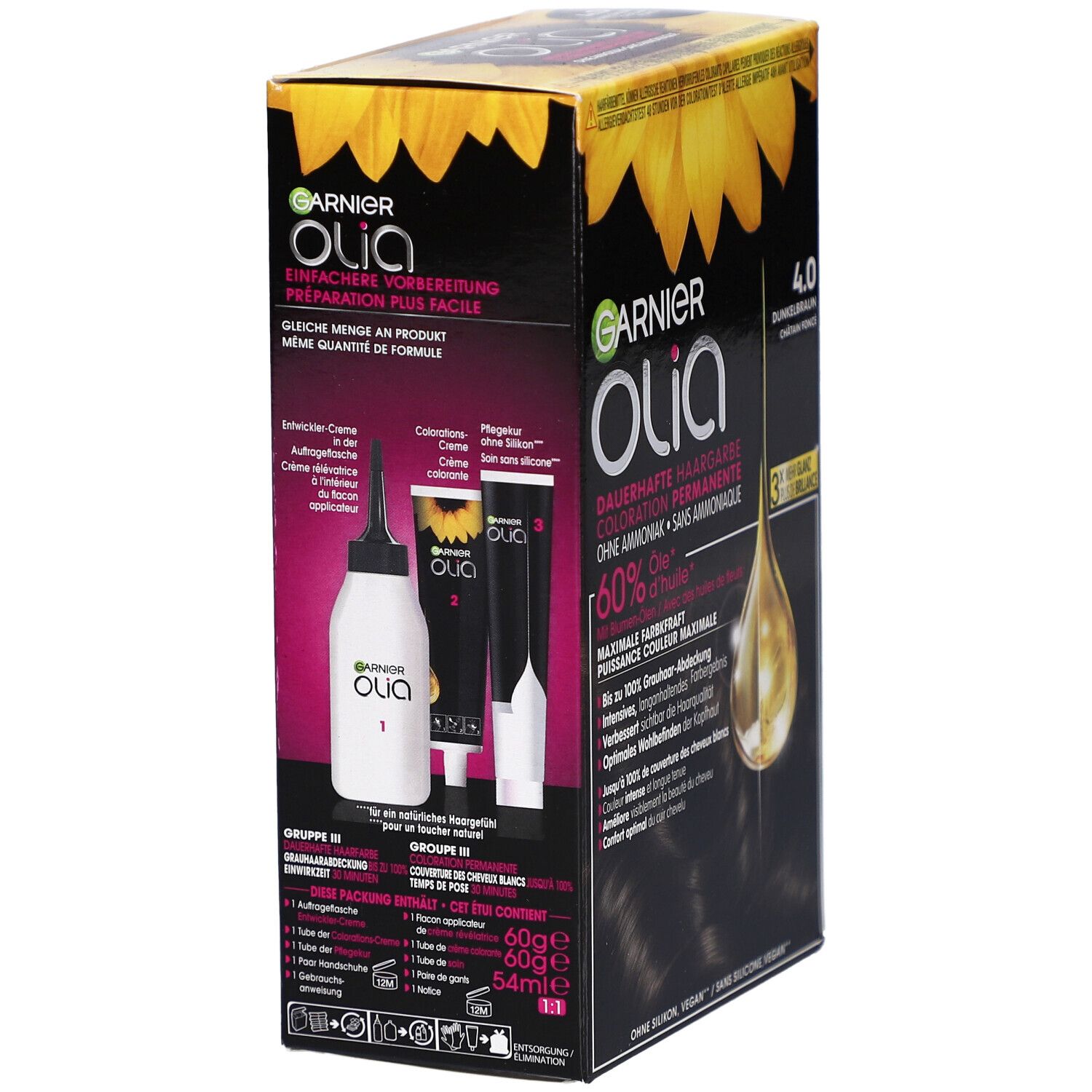 Boîte Garnier Olia. Contient flacon applicateur, tubes de crème et instructions. Image des composants du produit.