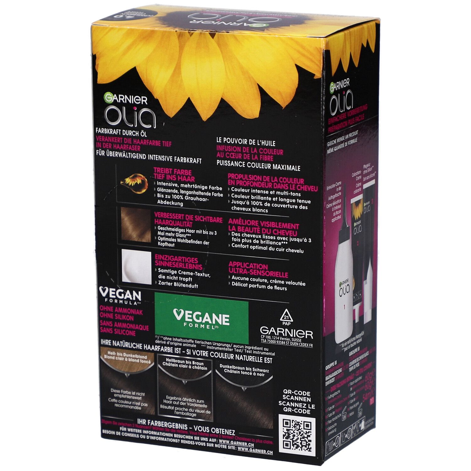 Dos de la boîte Garnier Olia. Texte sur ingrédients, avantages et utilisation. Logo végan.