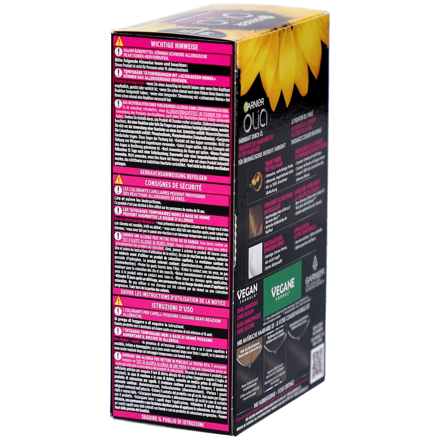 Boîte Garnier Olia. Avertissements et instructions d'utilisation. Logo végan et code QR.