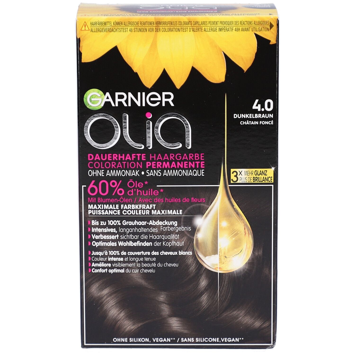 Garnier Olia 4.0 Brun foncé. Boîte noire avec tournesol et informations produit.