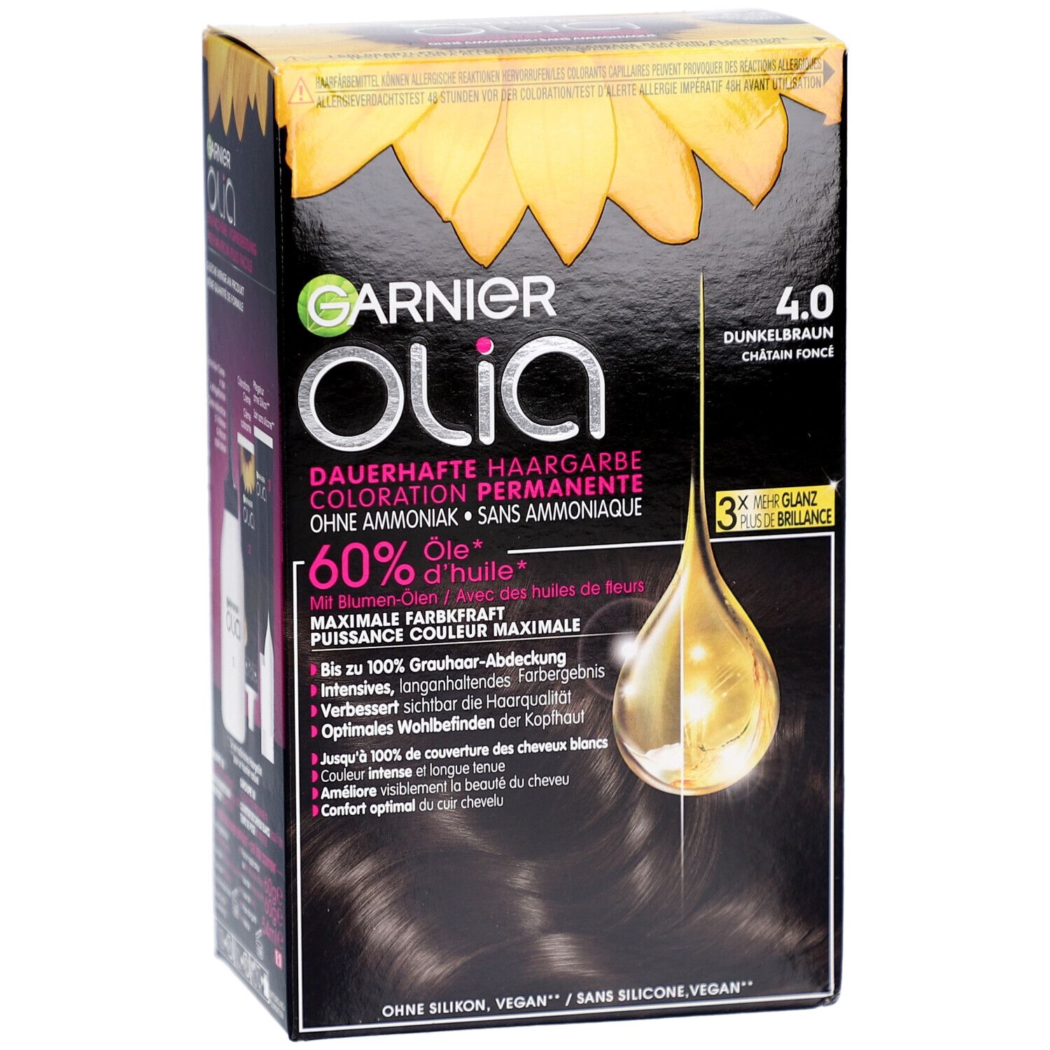 Garnier Olia 4.0 Brun foncé. Boîte noire avec tournesol et informations produit.