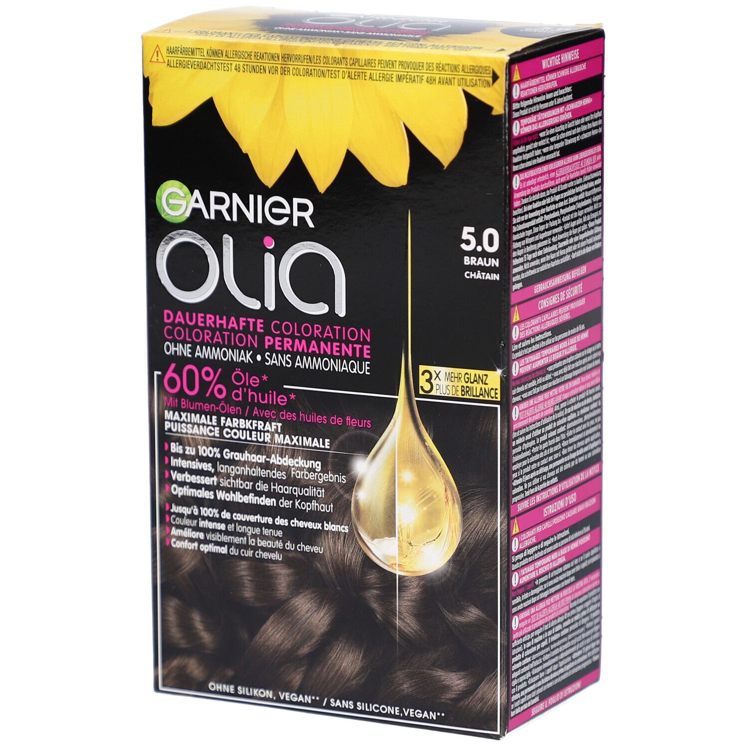 Garnier Olia 5.0 Châtain. Boîte noire avec tournesol et informations produit. Huile de fleur.