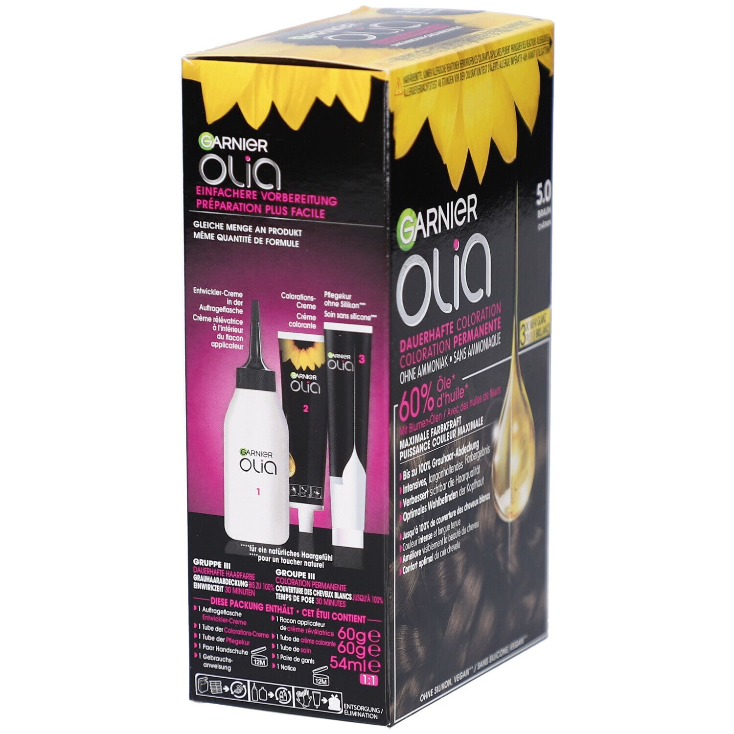 Garnier Olia. Boîte avec flacon, applicateur et tubes. Ingrédients et informations produit.