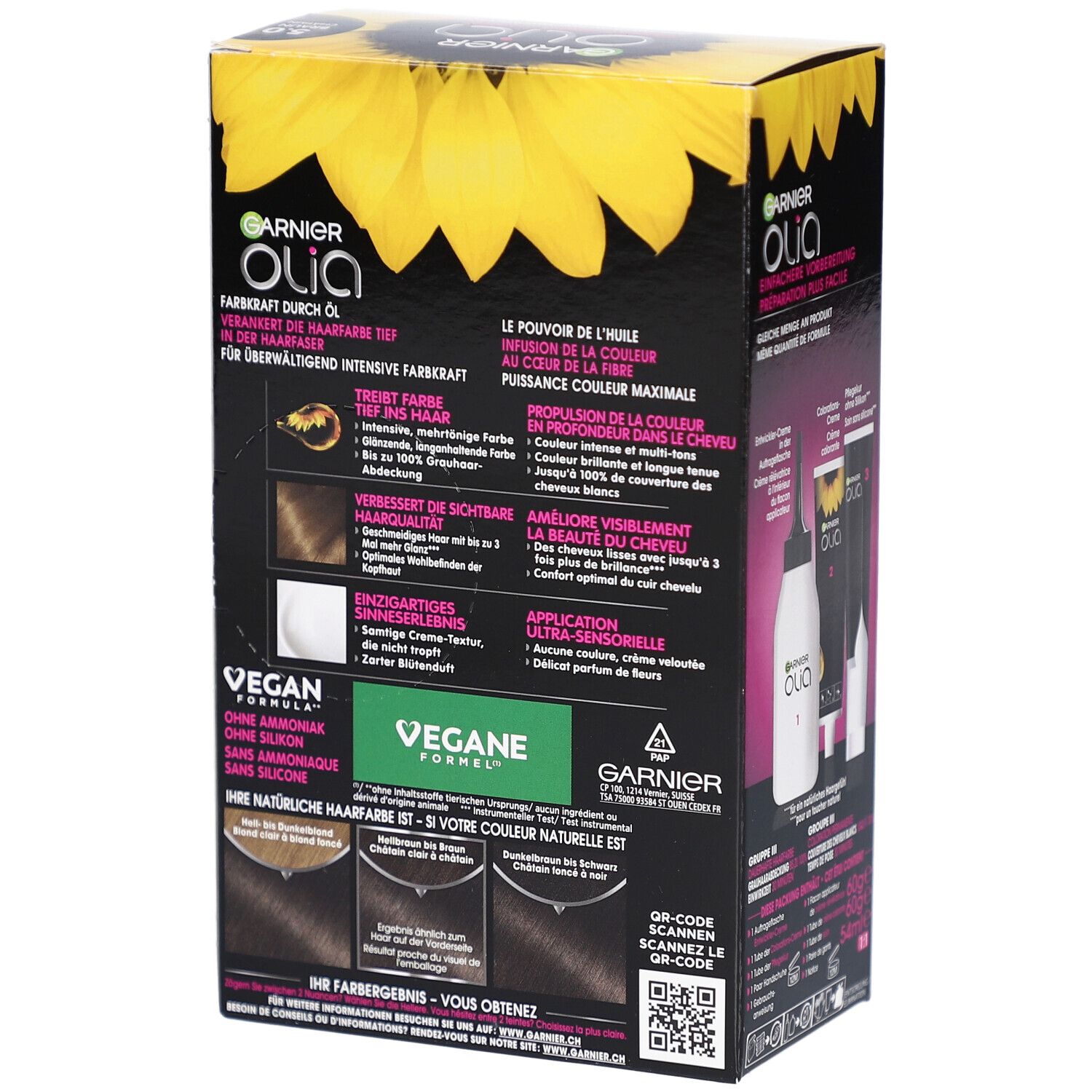 Garnier Olia. Dos de la boîte avec informations, ingrédients et logo Vegan.