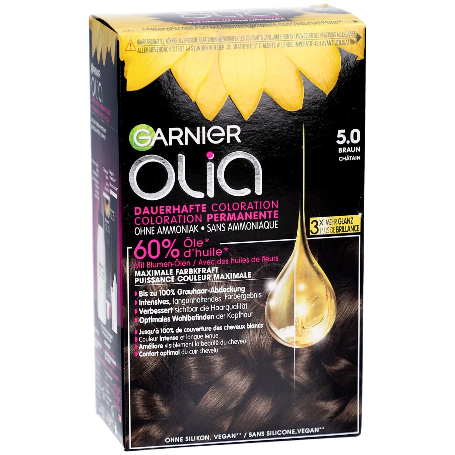 Garnier Olia 5.0 Châtain. Boîte noire avec tournesol et informations produit. Huile de fleur.