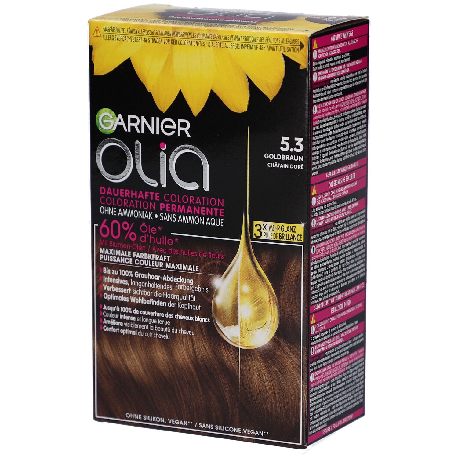Garnier Olia 5.3 coloration permanente. Boîte avec image produit et informations. Contient 60% d'huile.