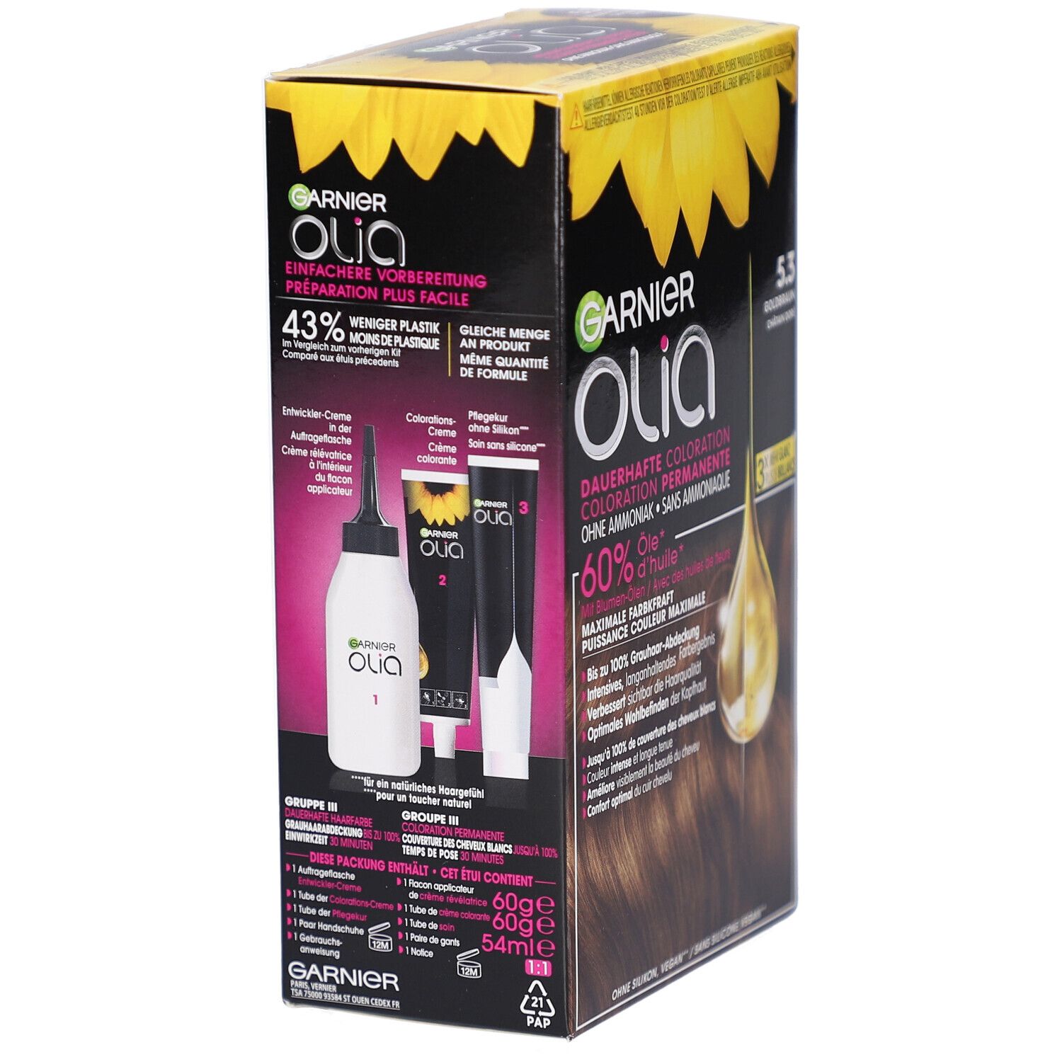 Garnier Olia 5.3 coloration permanente. Emballage avec composants du produit. Contient flacon applicateur et crème.