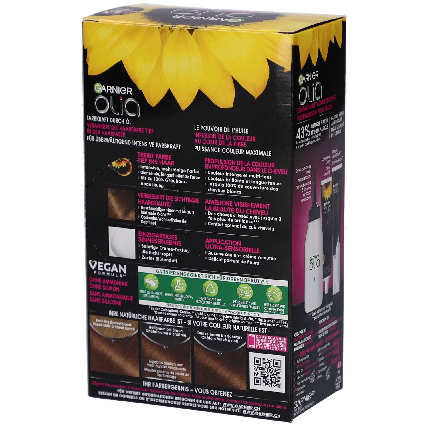 Garnier Olia 5.3 coloration permanente. Dos de l'emballage avec informations et ingrédients du produit.