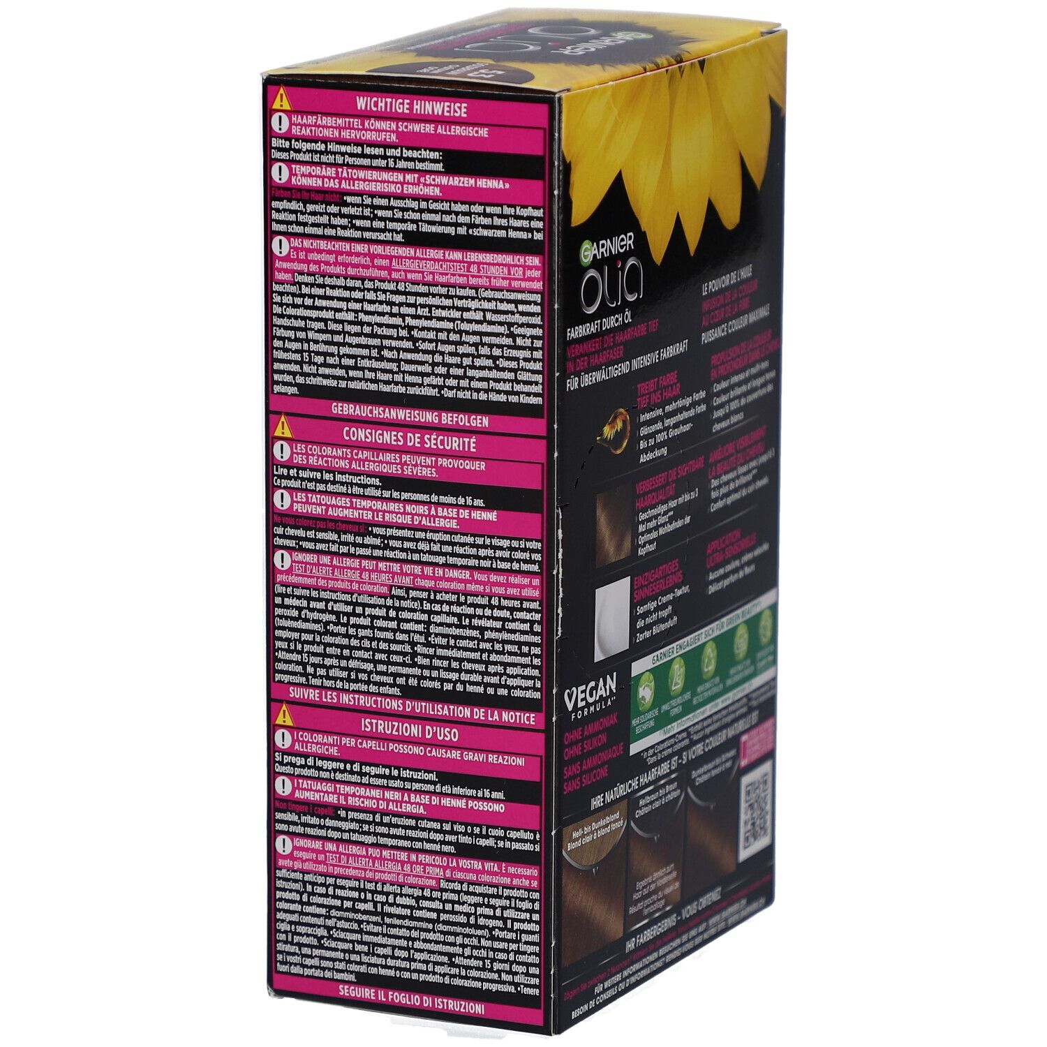 Garnier Olia 5.3 coloration permanente. Emballage avec consignes de sécurité et mode d'emploi.