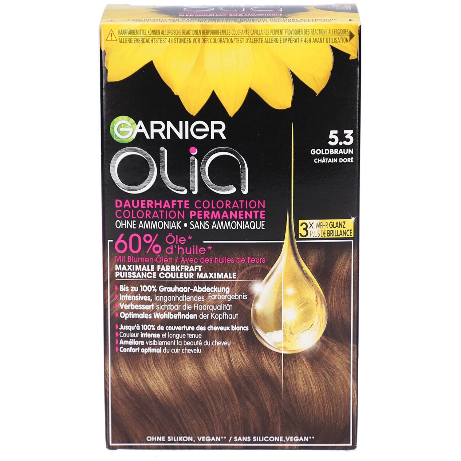 Garnier Olia 5.3 coloration permanente. Boîte avec image produit et informations. Contient 60% d'huile.