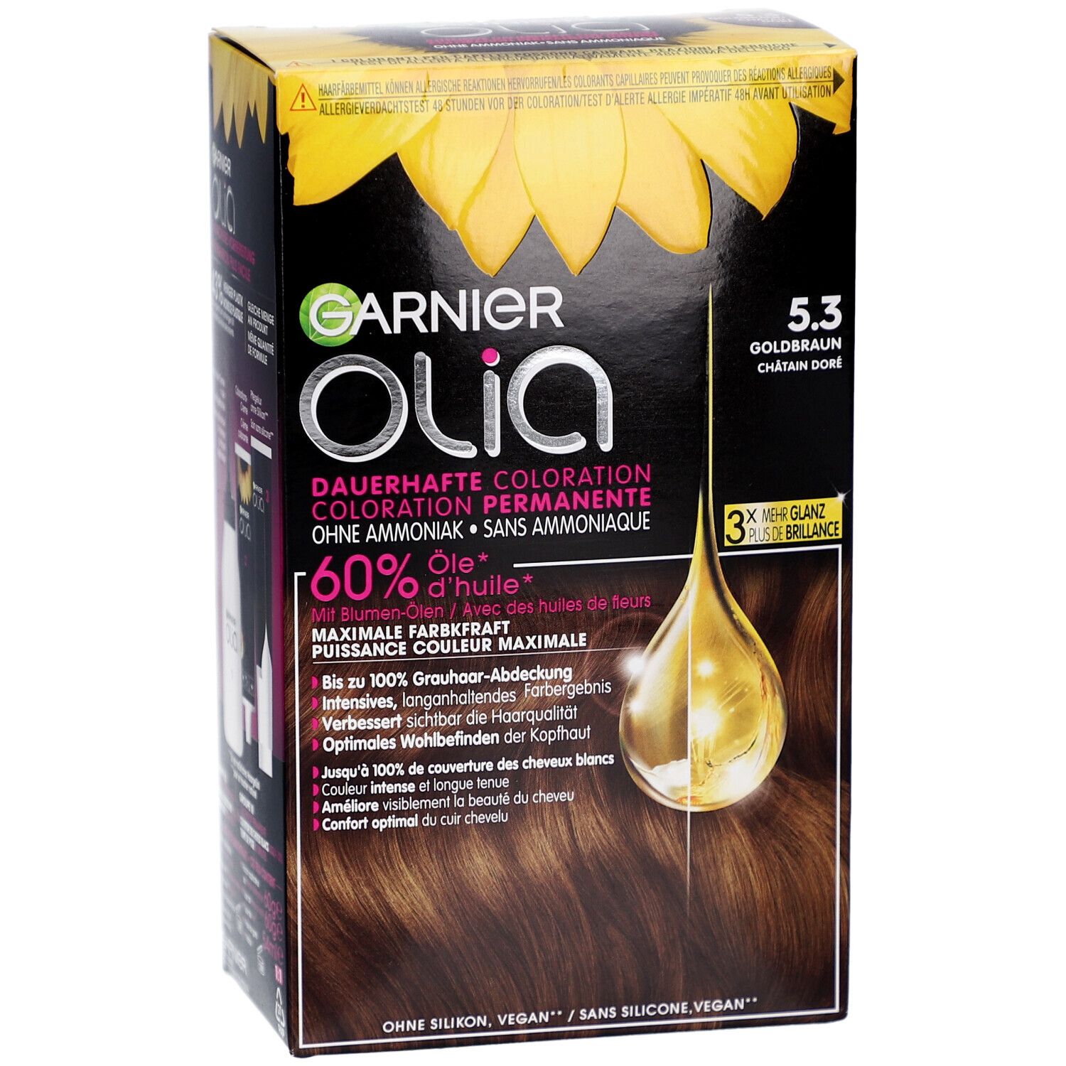 Garnier Olia 5.3 coloration permanente. Boîte avec image produit et informations. Contient 60% d'huile.