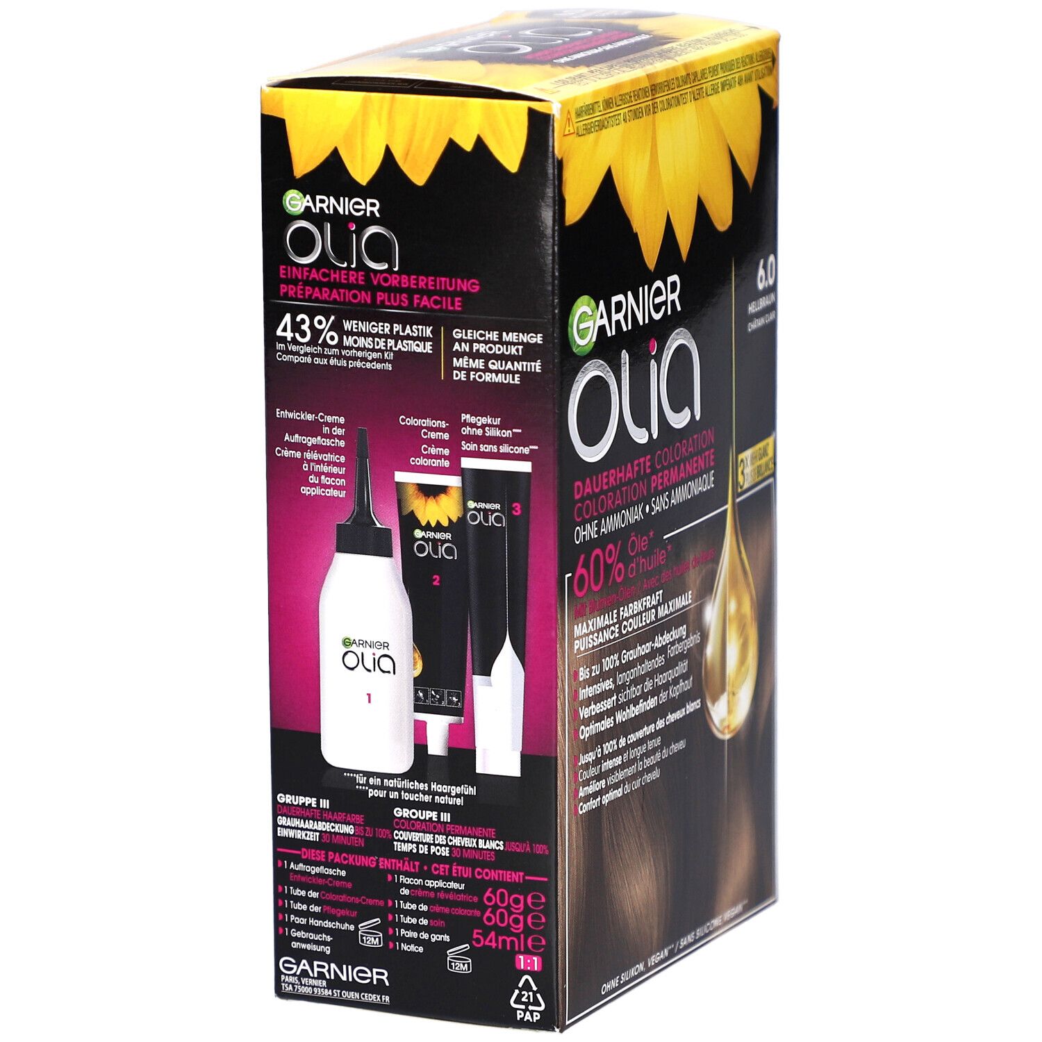 Emballage Garnier Olia. Montre le contenu: flacon applicateur, crème révélatrice, crème colorante. Texte avec informations.