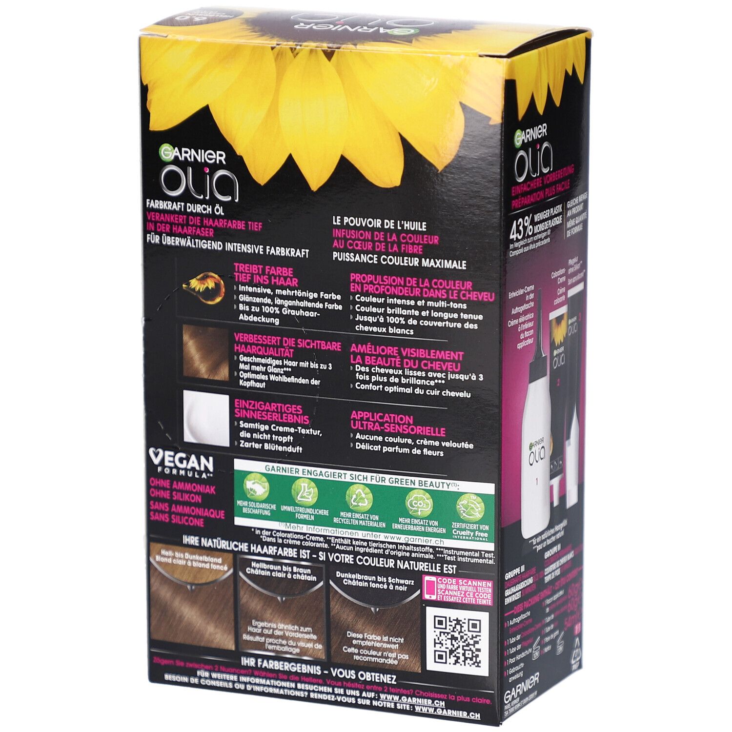 Dos de l'emballage Garnier Olia. Texte avec informations produit, ingrédients et instructions. Logo vegan.