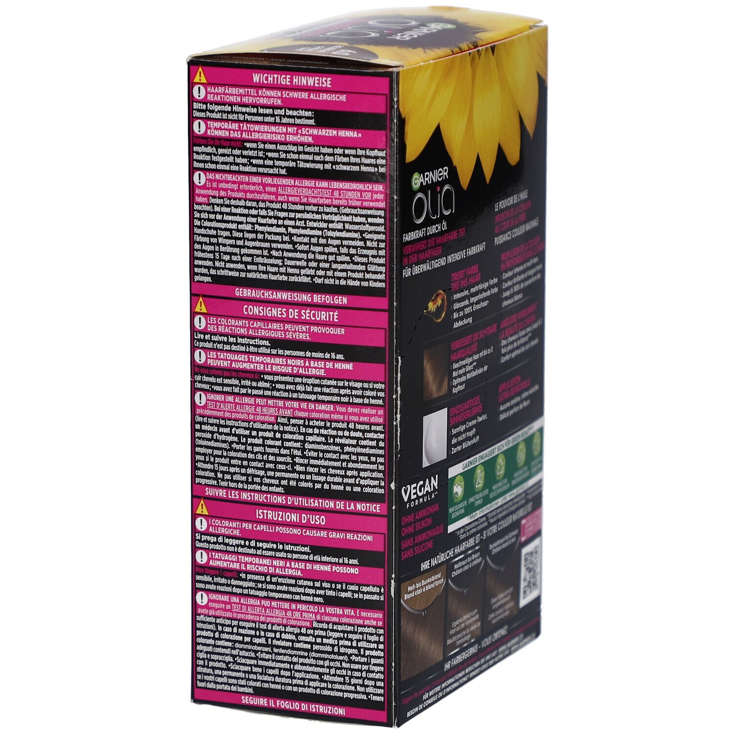 Boîte Garnier Olia, vue latérale. Texte avec avertissements et instructions d'utilisation. Logo vegan.