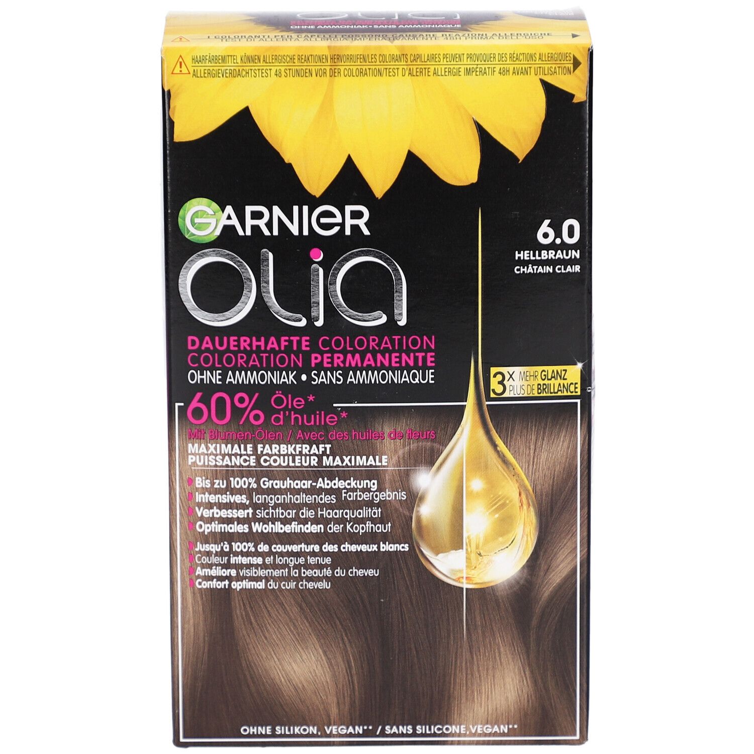 Boîte Garnier Olia 6.0 Châtain clair. Emballage avec image du produit et tournesol. Contient du texte et des caractéristiques.