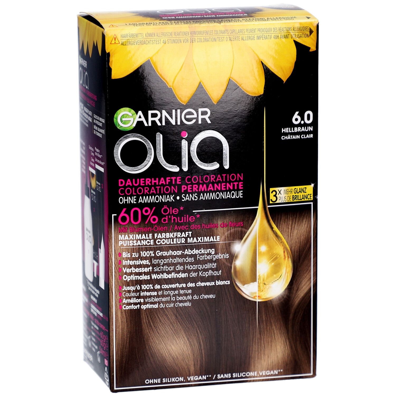 Boîte Garnier Olia 6.0 Châtain clair. Emballage avec image du produit et tournesol. Contient du texte et des caractéristiques.