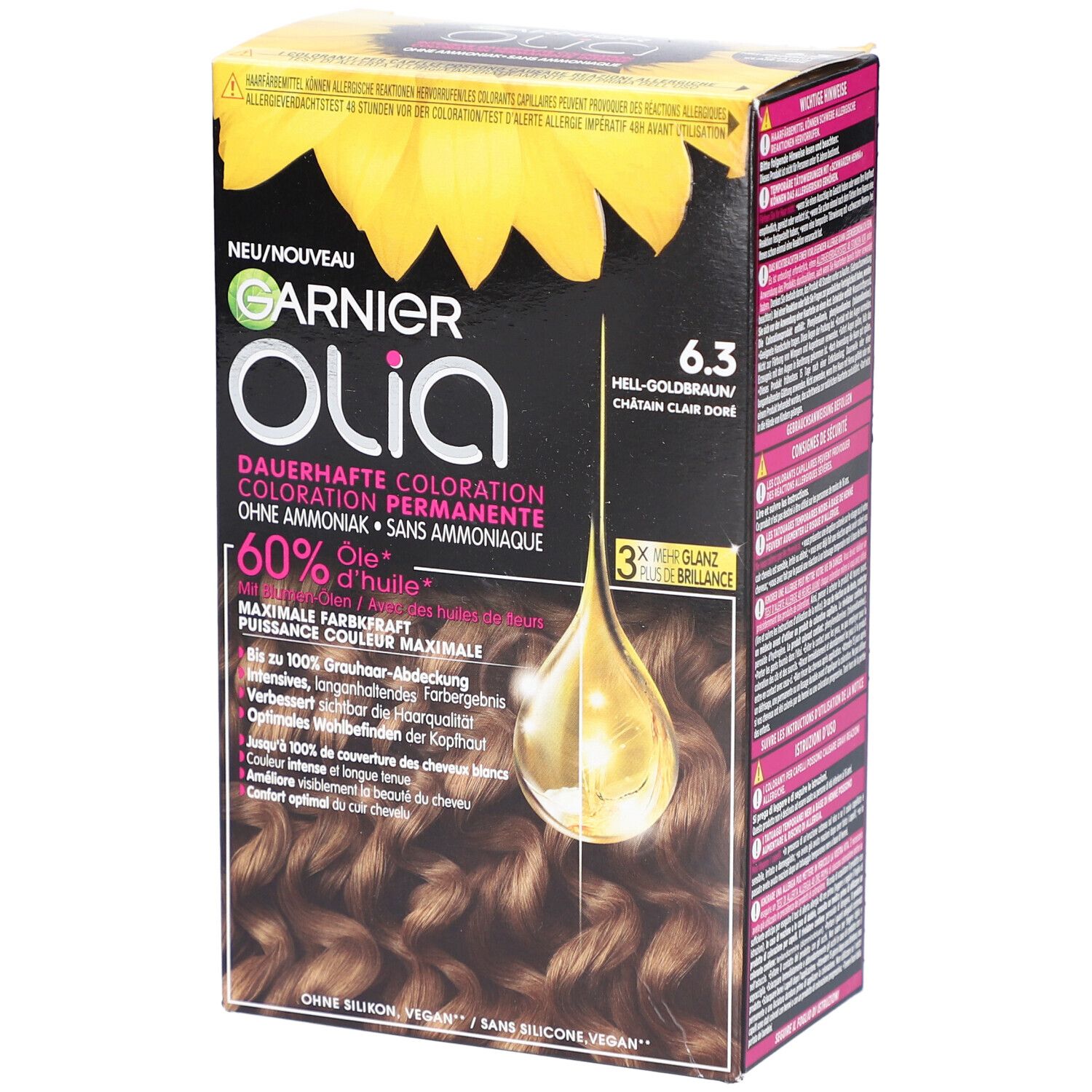 Boîte de coloration Garnier Olia 6.3 Blond doré clair. Contient des informations sur le produit et une formule à l'huile.