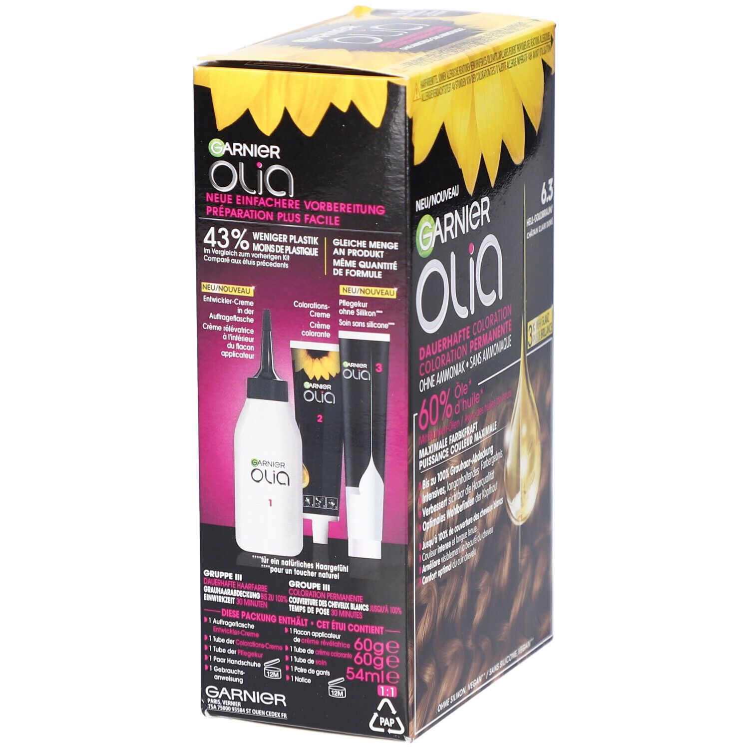 Emballage de coloration Garnier Olia. Contient une bouteille, un applicateur et des tubes. 43% moins de plastique.