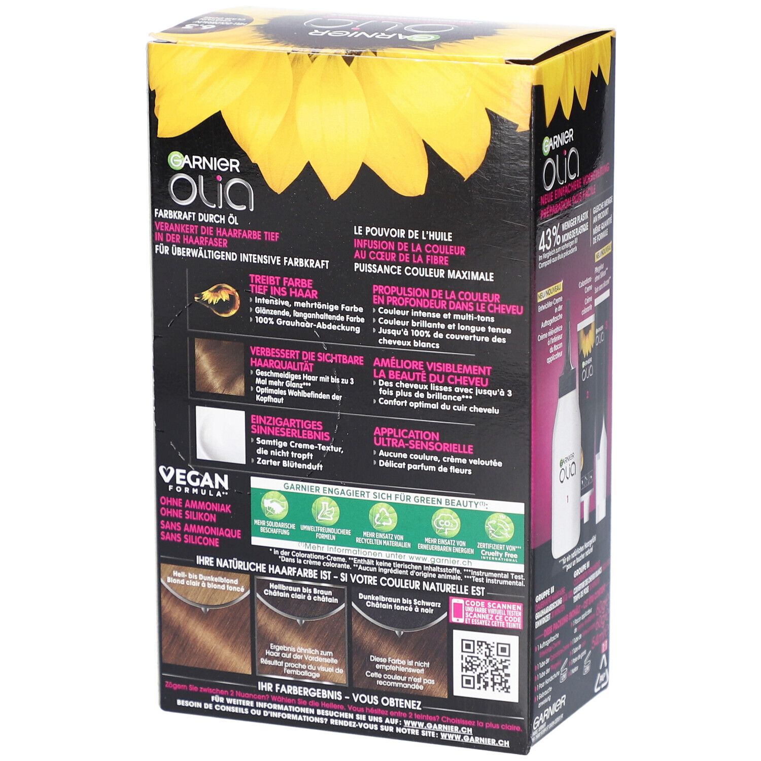 Dos de l'emballage de coloration Garnier Olia. Contient des informations sur le produit, des ingrédients et des instructions. Vegan.