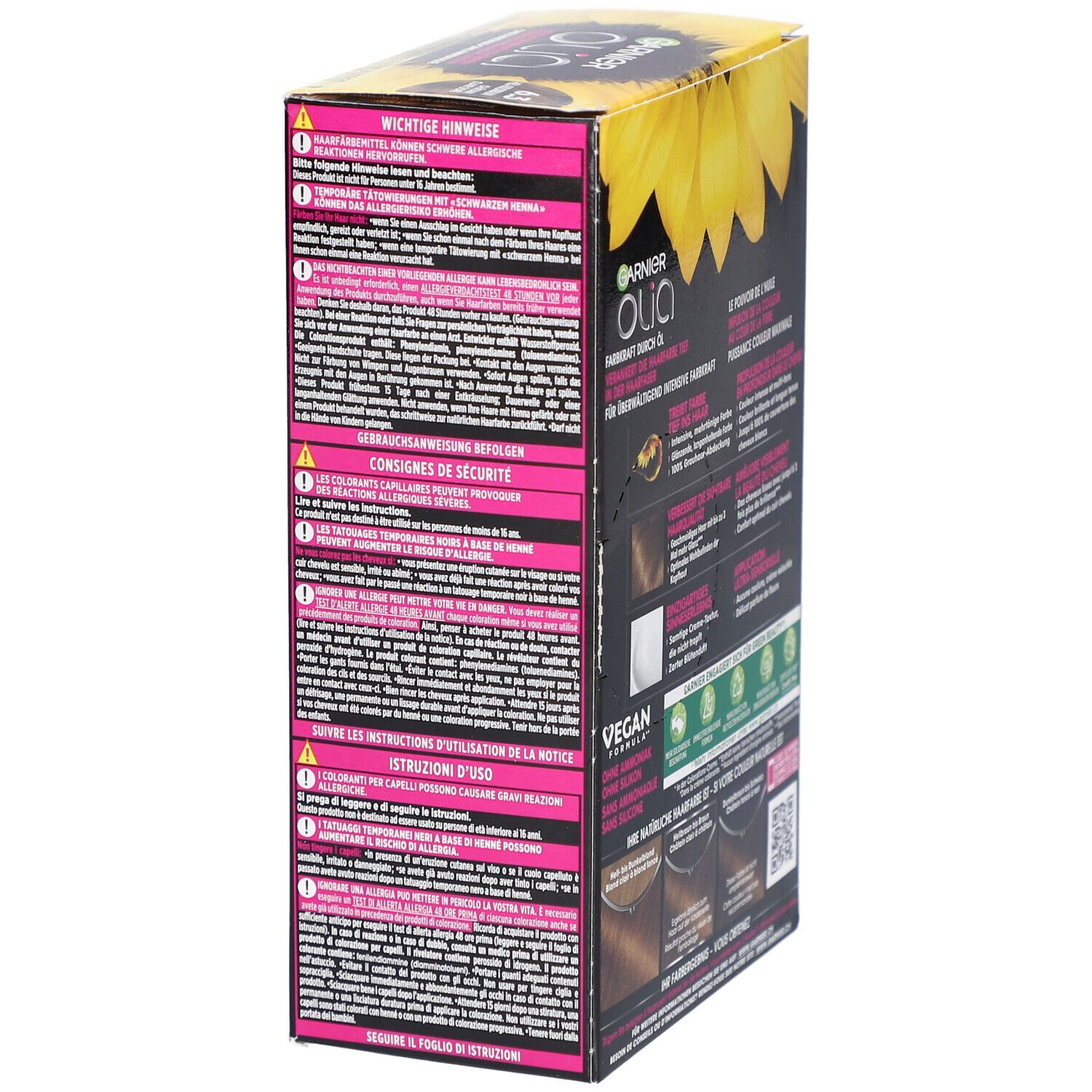 Côté de l'emballage de coloration Garnier Olia. Contient des avertissements, des instructions d'utilisation et des informations de sécurité.