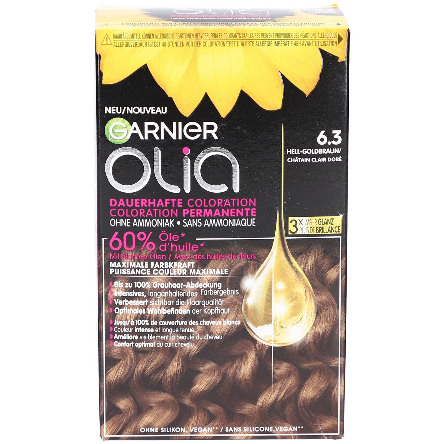 Boîte de coloration Garnier Olia 6.3 Blond doré clair. Contient des informations sur le produit et une formule à l'huile.