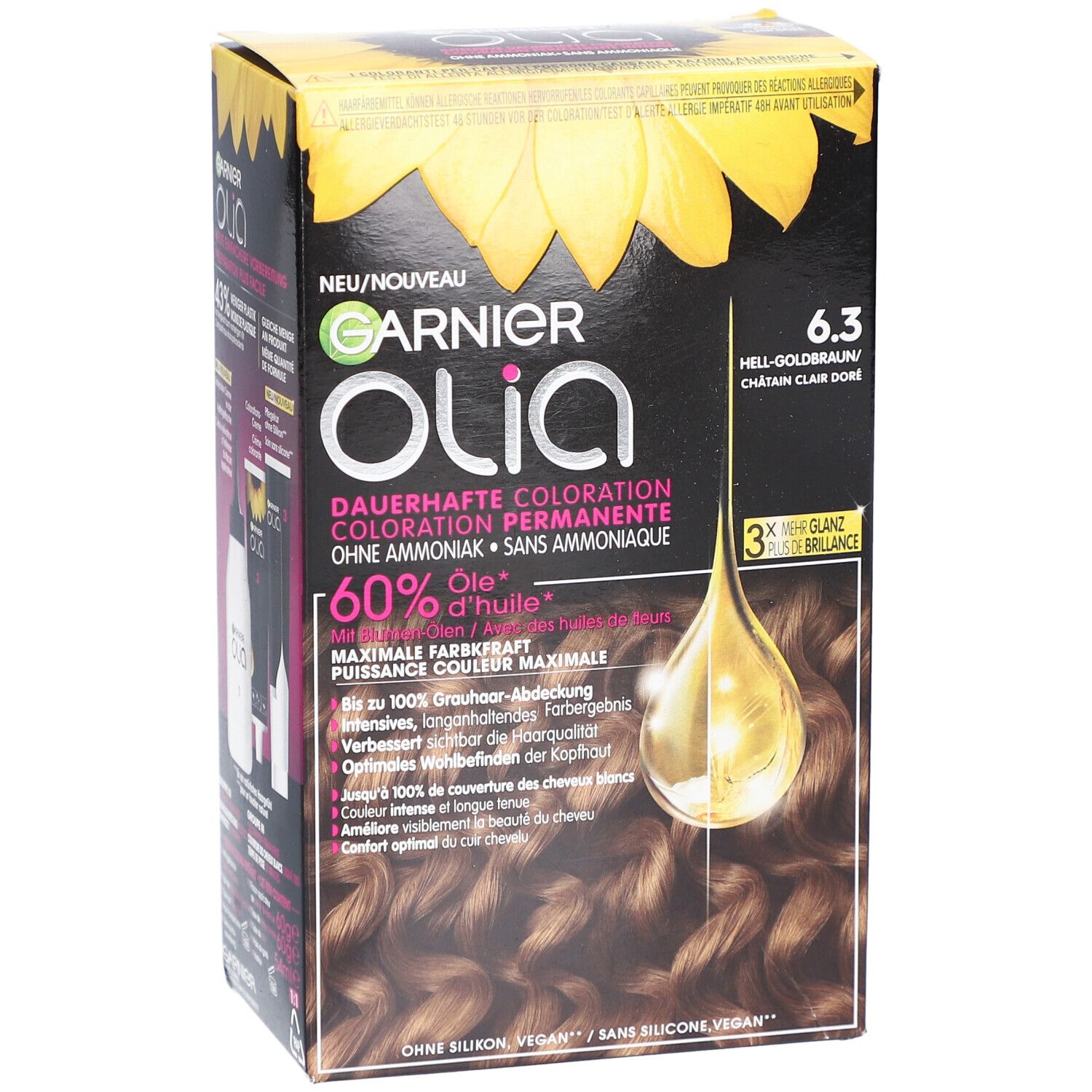 Boîte de coloration Garnier Olia 6.3 Blond doré clair. Contient des informations sur le produit et une formule à l'huile.